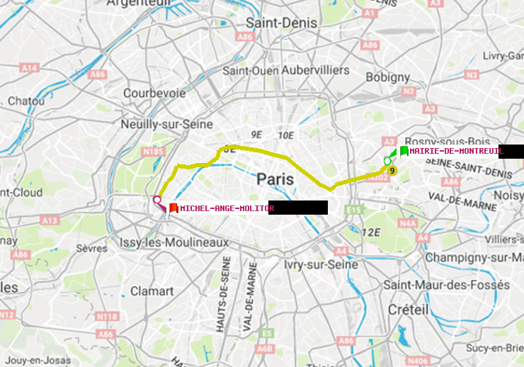 plan itinéraire ratp de Mairie de Montreuil à Michel-Ange-Molitor