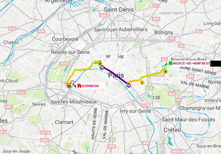 plan itinéraire ratp de Mairie de Montreuil à Mirabeau