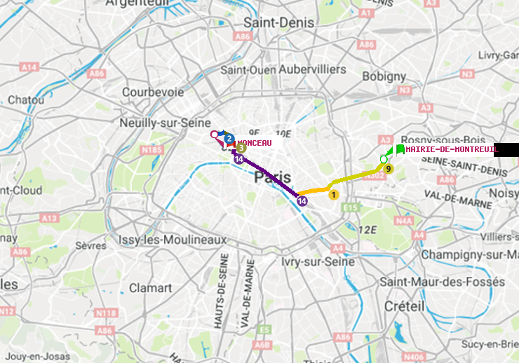 plan itinéraire ratp de Mairie de Montreuil à Monceau