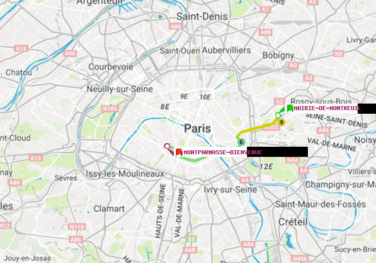 plan itinéraire ratp de Mairie de Montreuil à Montparnasse-Bienvenue