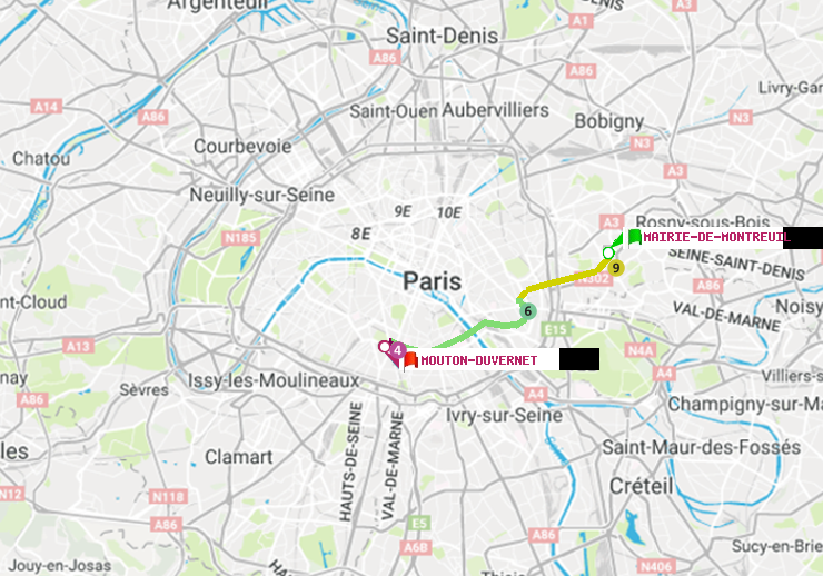 plan itinéraire ratp de Mairie de Montreuil à Mouton-Duvernet