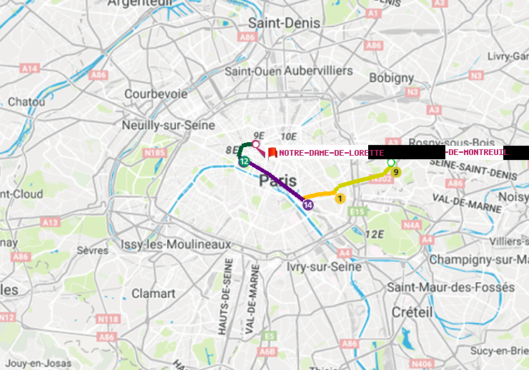 plan itinéraire ratp de Mairie de Montreuil à Notre-Dame de Lorette