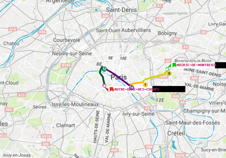 plan itinéraire ratp de Mairie de Montreuil à Notre-Dame des Champs