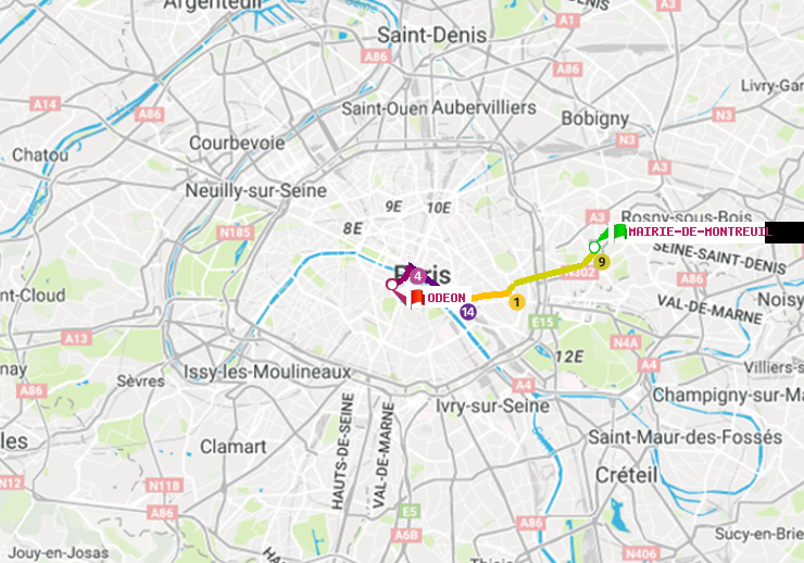 plan itinéraire ratp de Mairie de Montreuil à Odéon