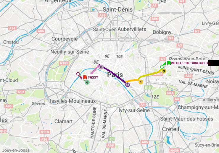 plan itinéraire ratp de Mairie de Montreuil à Passy