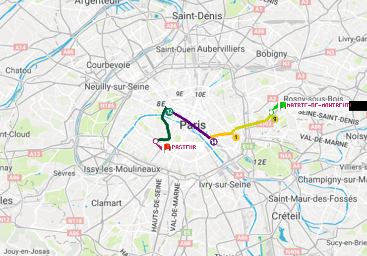 plan itinéraire ratp de Mairie de Montreuil à Pasteur