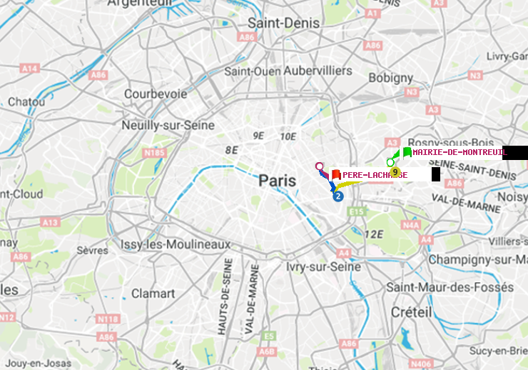 plan itinéraire ratp de Mairie de Montreuil à Père-Lachaise