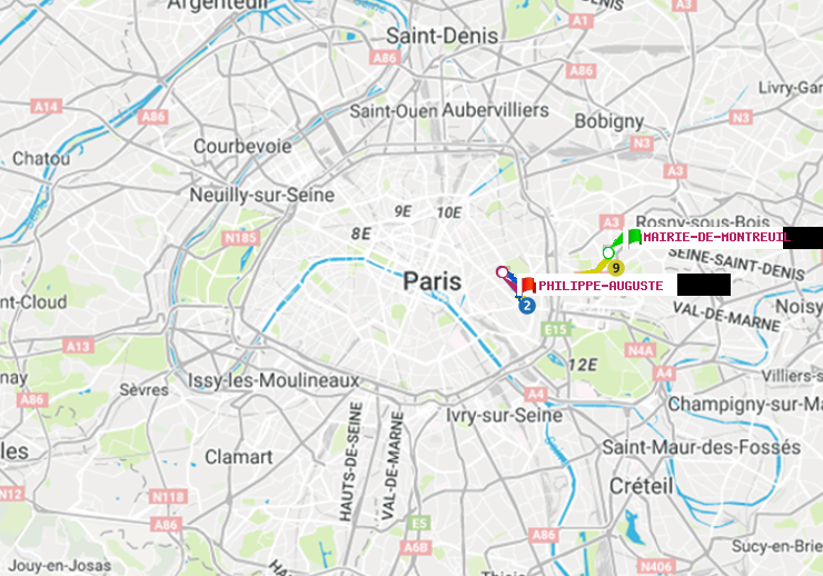 plan itinéraire ratp de Mairie de Montreuil à Philippe Auguste