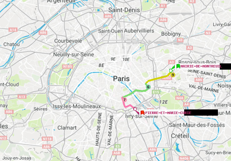 plan itinéraire ratp de Mairie de Montreuil à Pierre et Marie Curie