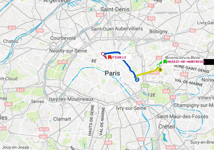 plan itinéraire ratp de Mairie de Montreuil à Pigalle