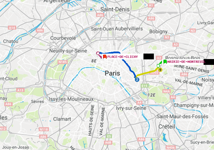 plan itinéraire ratp de Mairie de Montreuil à Place de Clichy