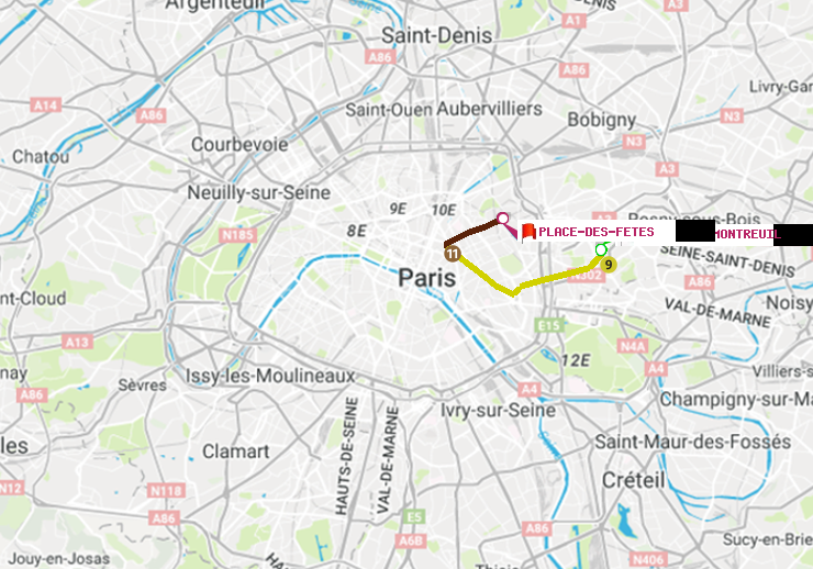 plan itinéraire ratp de Mairie de Montreuil à Place des Fêtes