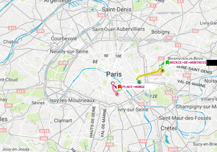plan itinéraire ratp de Mairie de Montreuil à Place Monge (Jardin des Plantes)