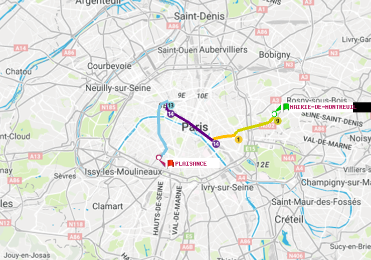 plan itinéraire ratp de Mairie de Montreuil à Plaisance