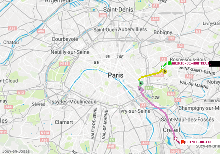 plan itinéraire ratp de Mairie de Montreuil à Pointe du Lac