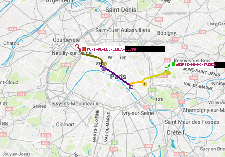 plan itinéraire ratp de Mairie de Montreuil à Pont de Levallois-Bécon