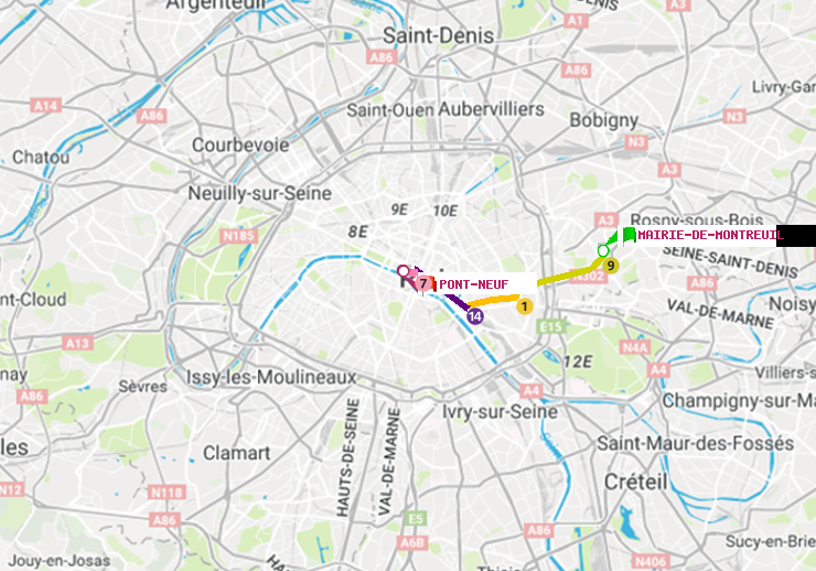 plan itinéraire ratp de Mairie de Montreuil à Pont Neuf