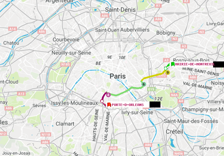 plan itinéraire ratp de Mairie de Montreuil à Porte d
