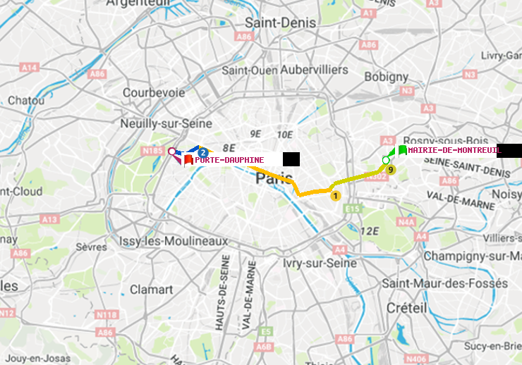 plan itinéraire ratp de Mairie de Montreuil à Porte Dauphine (Maréchal de Lattre de Tassigny)