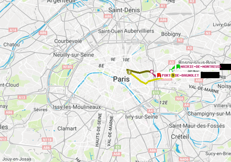 plan itinéraire ratp de Mairie de Montreuil à Porte de Bagnolet