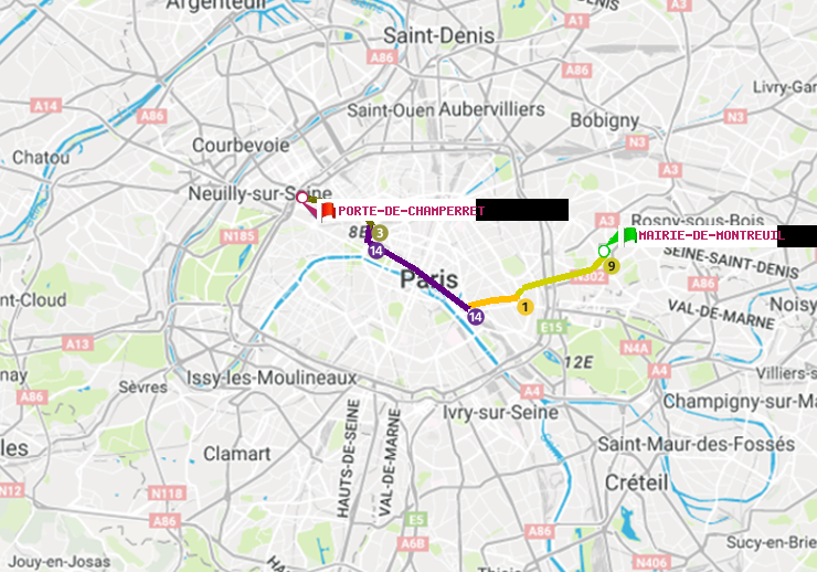 plan itinéraire ratp de Mairie de Montreuil à Porte de Champerret