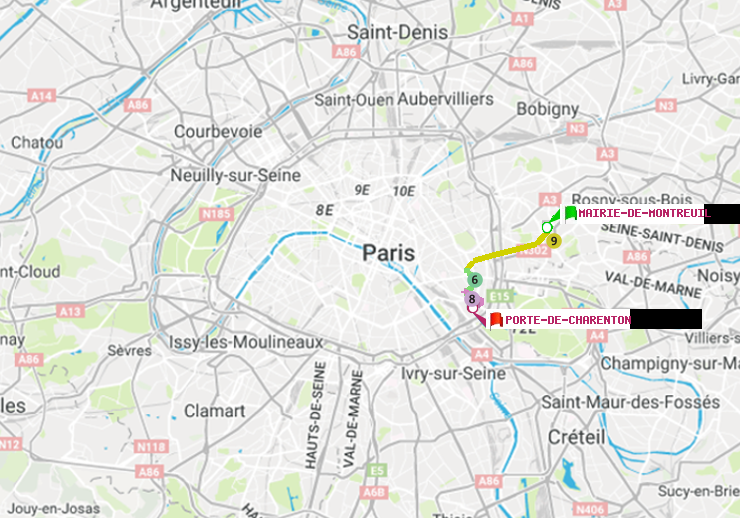 plan itinéraire ratp de Mairie de Montreuil à Porte de Charenton