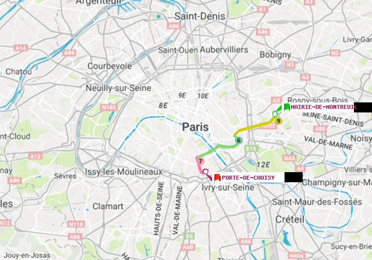 plan itinéraire ratp de Mairie de Montreuil à Porte de Choisy