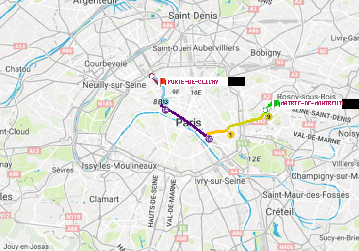 plan itinéraire ratp de Mairie de Montreuil à Porte de Clichy