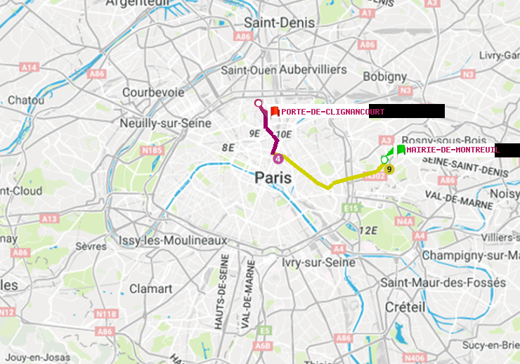 plan itinéraire ratp de Mairie de Montreuil à Porte de Clignancourt
