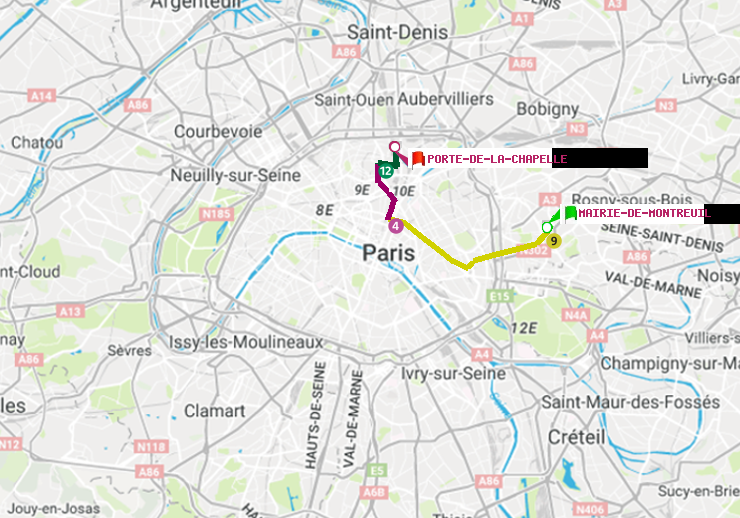 plan itinéraire ratp de Mairie de Montreuil à Porte de la Chapelle