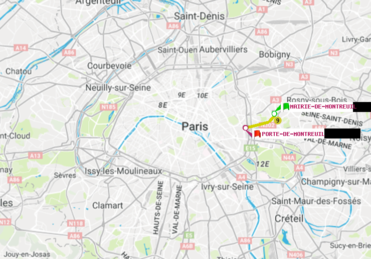 plan itinéraire ratp de Mairie de Montreuil à Porte de Montreuil