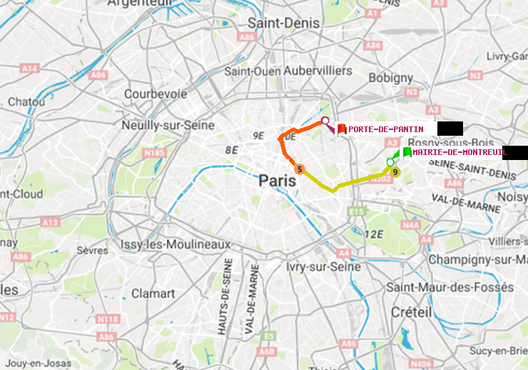 plan itinéraire ratp de Mairie de Montreuil à Porte de Pantin