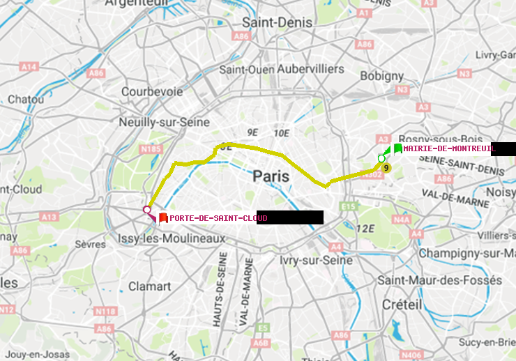 plan itinéraire ratp de Mairie de Montreuil à Porte de Saint-Cloud