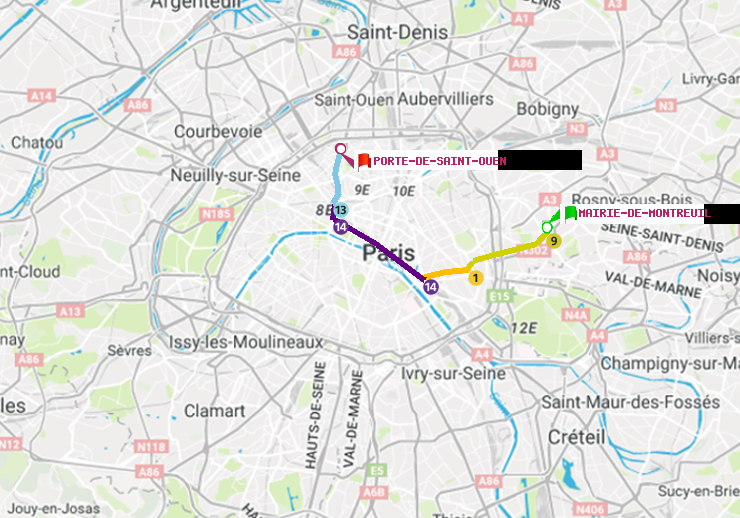 plan itinéraire ratp de Mairie de Montreuil à Porte de Saint-Ouen