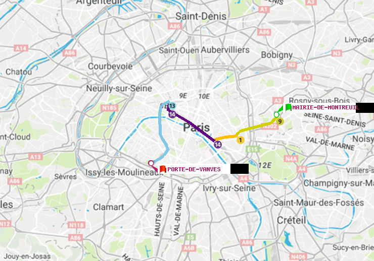 plan itinéraire ratp de Mairie de Montreuil à Porte de Vanves