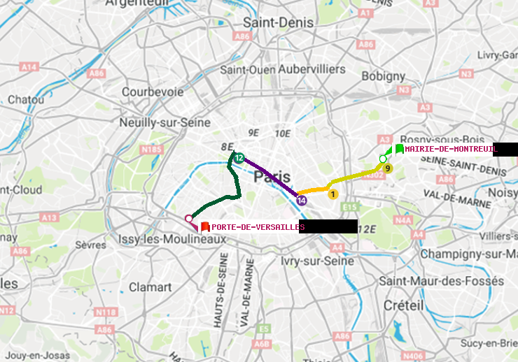 plan itinéraire ratp de Mairie de Montreuil à Porte de Versailles