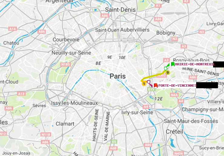plan itinéraire ratp de Mairie de Montreuil à Porte de Vincennes