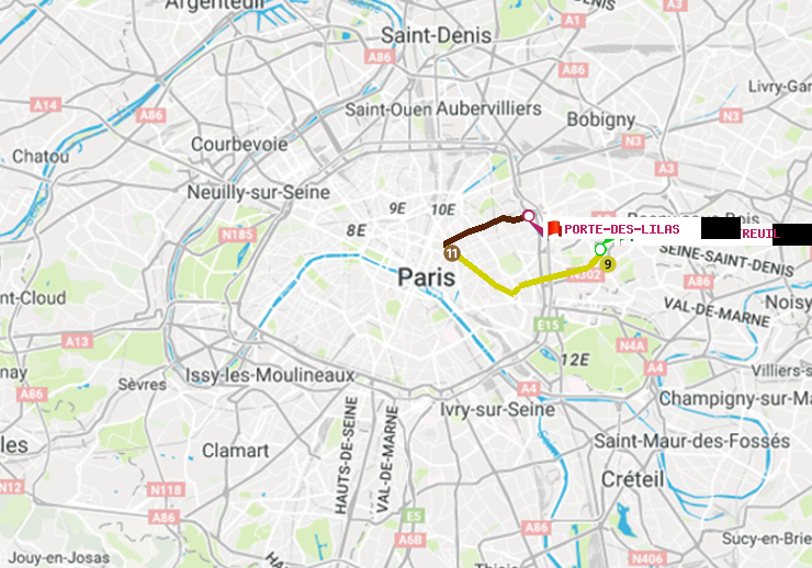 plan itinéraire ratp de Mairie de Montreuil à Porte des Lilas