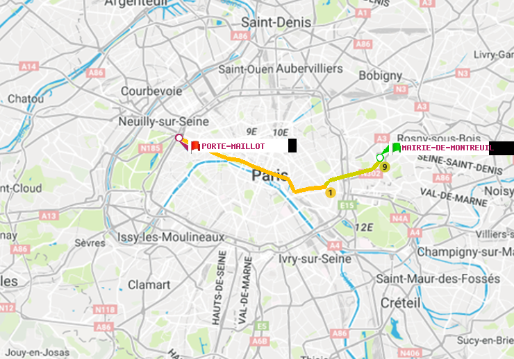 plan itinéraire ratp de Mairie de Montreuil à Porte Maillot