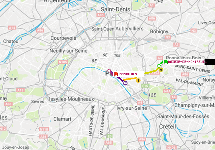 plan itinéraire ratp de Mairie de Montreuil à Pyramides
