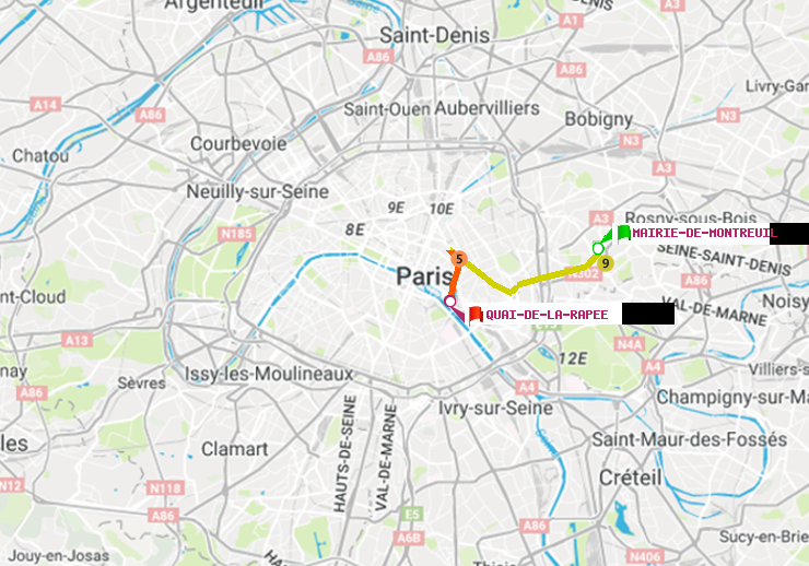 plan itinéraire ratp de Mairie de Montreuil à Quai de la Rapée