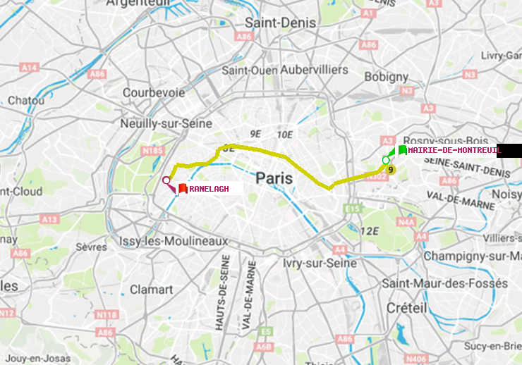 plan itinéraire ratp de Mairie de Montreuil à Ranelagh