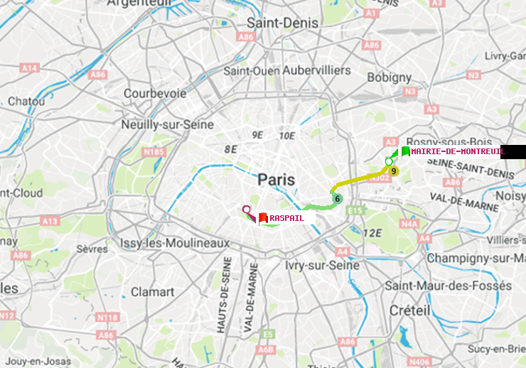 plan itinéraire ratp de Mairie de Montreuil à Raspail
