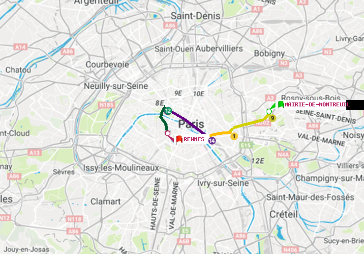 plan itinéraire ratp de Mairie de Montreuil à Rennes