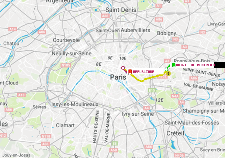 plan itinéraire ratp de Mairie de Montreuil à République