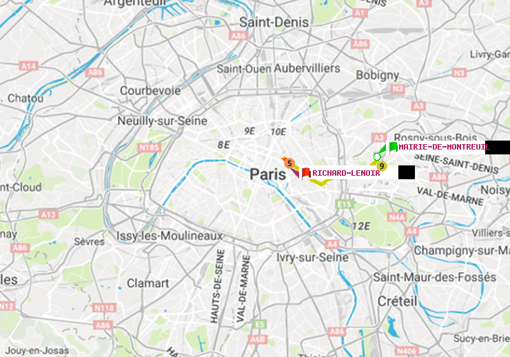 plan itinéraire ratp de Mairie de Montreuil à Richard-Lenoir
