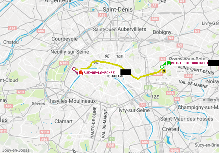 plan itinéraire ratp de Mairie de Montreuil à Rue de la Pompe (Avenue Georges Mandel)