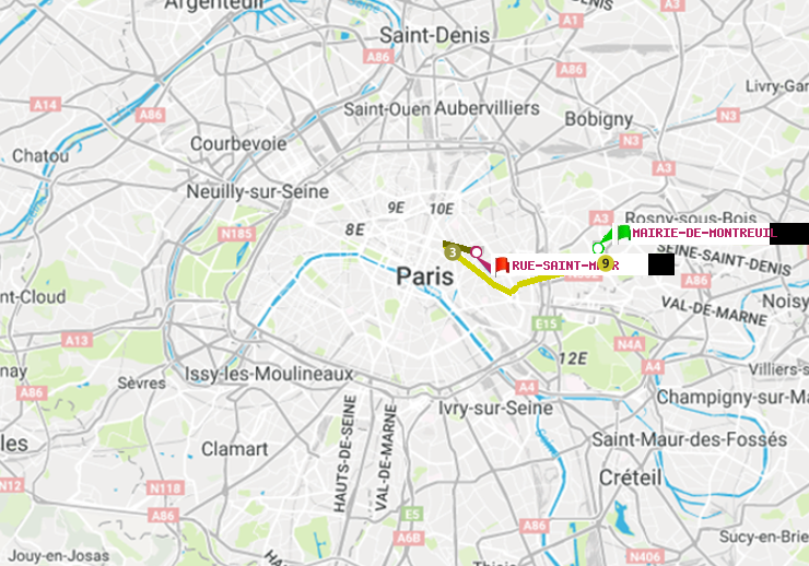 plan itinéraire ratp de Mairie de Montreuil à Rue Saint-Maur