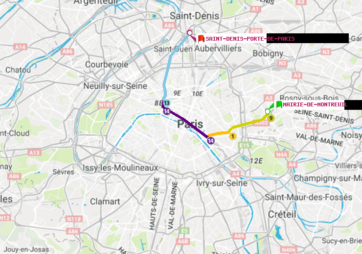 plan itinéraire ratp de Mairie de Montreuil à Saint-Denis-Porte de Paris