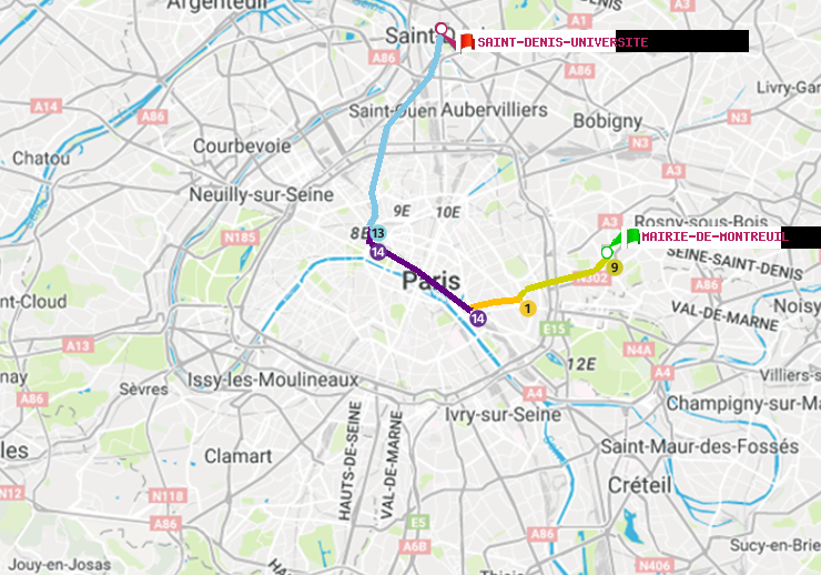plan itinéraire ratp de Mairie de Montreuil à Saint-Denis-Universite